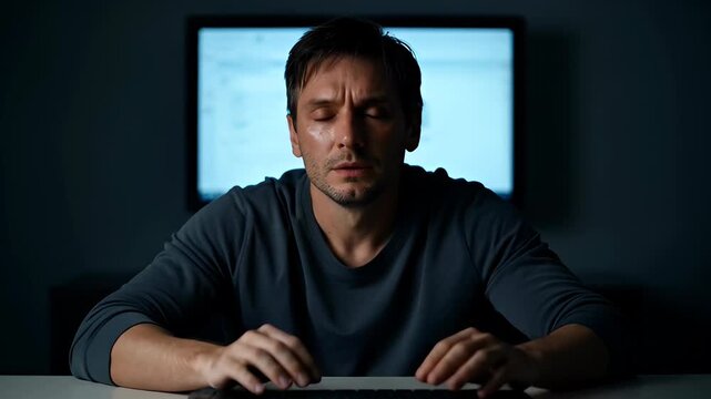 Tired man at desk in dark office with computer screen glow, stressed adult covering face, sleepy male working late night