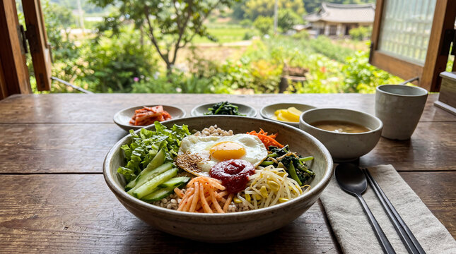Korean Bori Bibimbap at a Countryside Restaurant in Early Summer