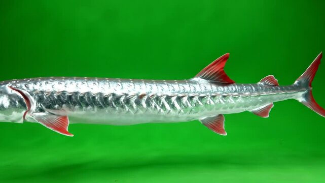 A metallic silver fish with striking red fins against a vibrant green background, possibly a fishing lure or decorative model.
