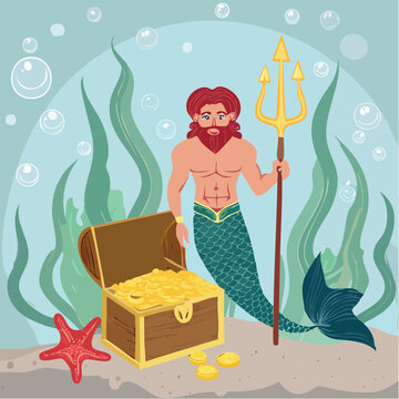 Merman with Trident and Treasure Chest Full of Gold Coins