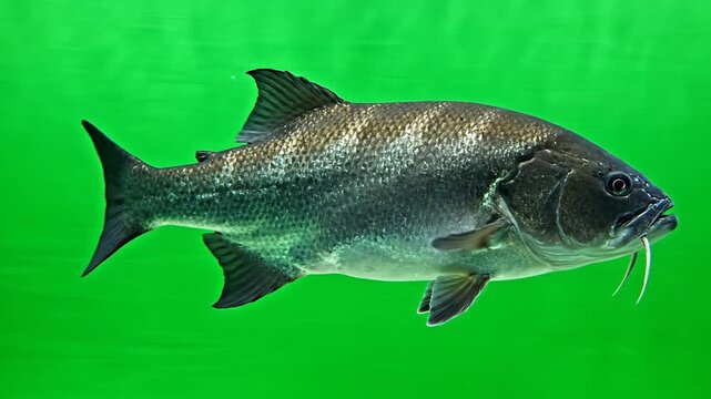 A large, dark-scaled fish with prominent barbels swims in clear water against a vibrant green background, showcasing its powerful fins and striped body.