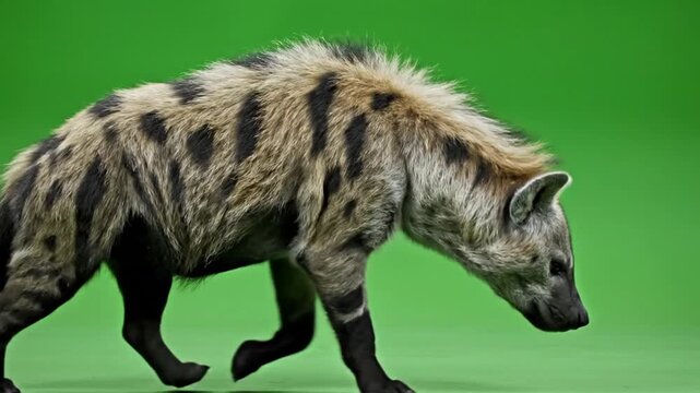 A spotted hyena with distinctive black markings walks across a vibrant green screen background.