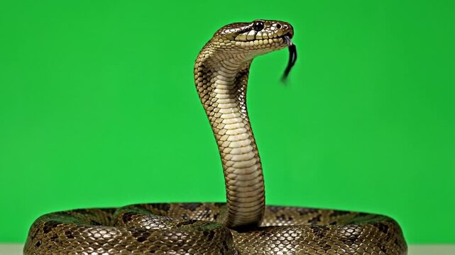 A cobra snake with its head raised and tongue flicking, against a green screen background.