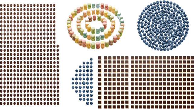 Creative food art composition featuring geometric patterns of coffee beans, colorful round candies, fresh blueberries, and chocolate squares arranged neatly on a crisp white background.