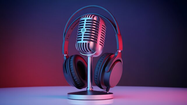 Retro style ribbon microphone and headphones under neon blue and red lights on white surface.
