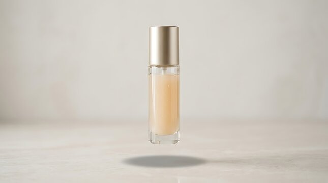 Aesthetic levitation of a premium cosmetic vial, featuring a golden cap and rich liquid formula