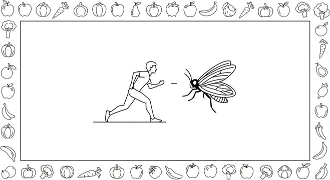 Man running away from a moth, illustration, concept of phobia or avoidance