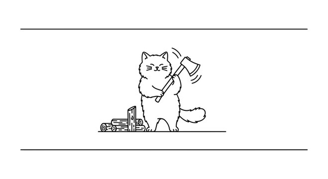 Funny Cat with Axe Chopping Wood, Cartoon Style