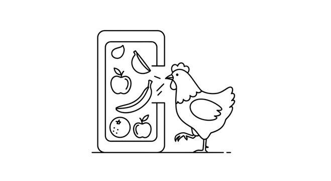Funny chicken ordering fruits from a smartphone app, healthy food delivery concept