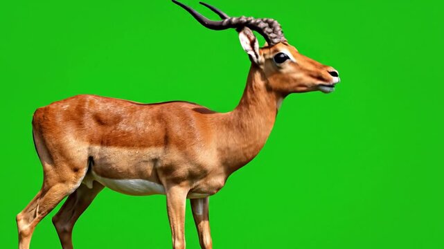 A majestic impala antelope with long curved horns stands against a vibrant green screen background.