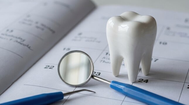 Dental health checkup concept with ceramic tooth model and mirror on monthly calendar schedule page.