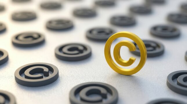 Golden copyright symbol standing out among many gray icons on plain background representing authority.