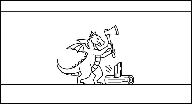 Dragon Chopping Wood with Axe, Fantasy Creature Lumberjack, Cartoon Style