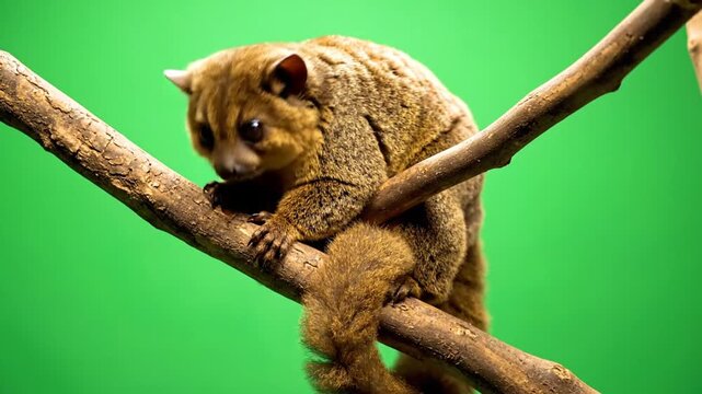 A small, furry primate with large eyes sits on a tree branch against a vibrant green background.