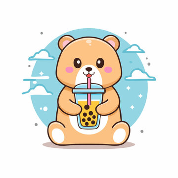 Cute cartoon bear drinking bubble tea
