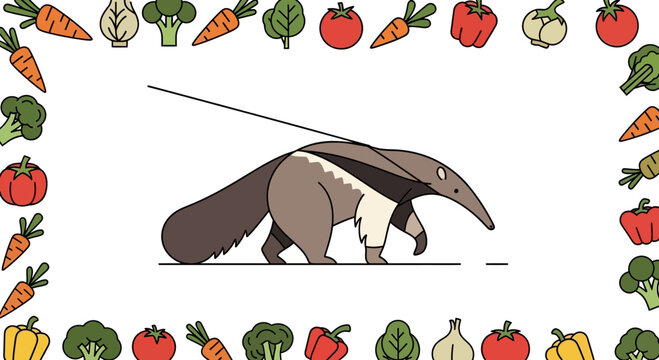 Cute anteater on a leash, walking in a frame of fresh vegetables and fruits