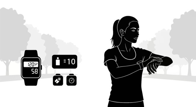 Black and white vector illustration of a woman checking her smartwatch in a park with icons for heart rate monitoring, step counting, weight tracking and fitness activity metrics.