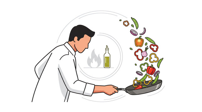 Chef expertly preparing a delicious meal in a wok with fresh vegetables, symbolizing culinary arts and healthy eating
