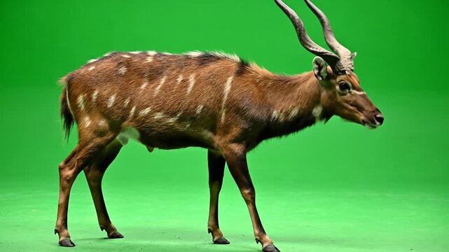 A brown bushbuck with white spots and long horns stands on a green screen.