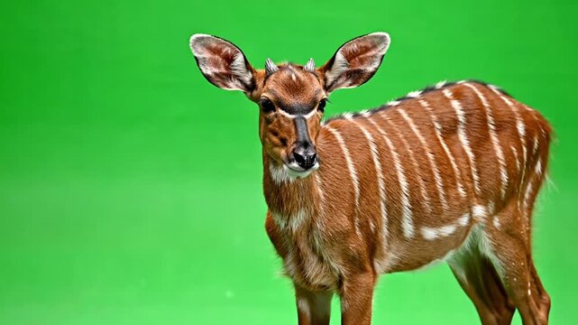 A young bongo antelope with white stripes stands against a vibrant green background, looking curiously at the camera.