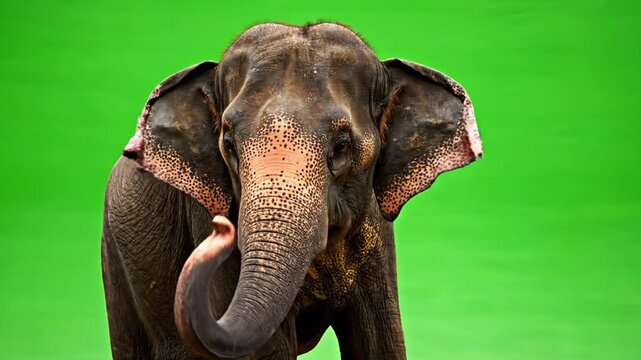 A majestic elephant with large ears and a curled trunk stands against a vibrant green background.