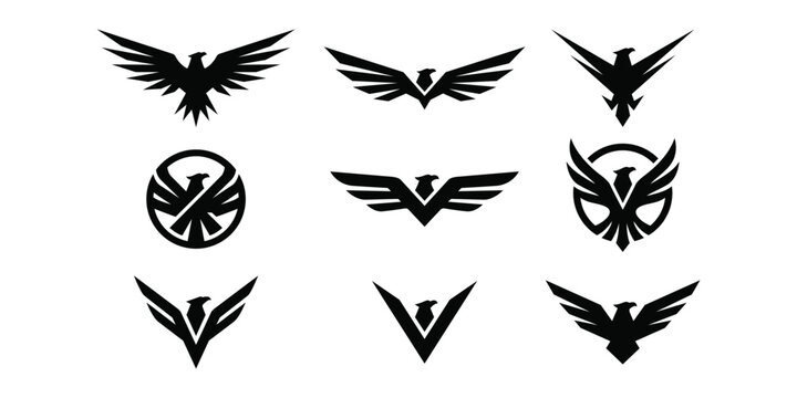 Collection of eagle logos and icons vector art with black and white silhouette predator abstract creative decoration identity illustration majestic ornament strength template wildlife