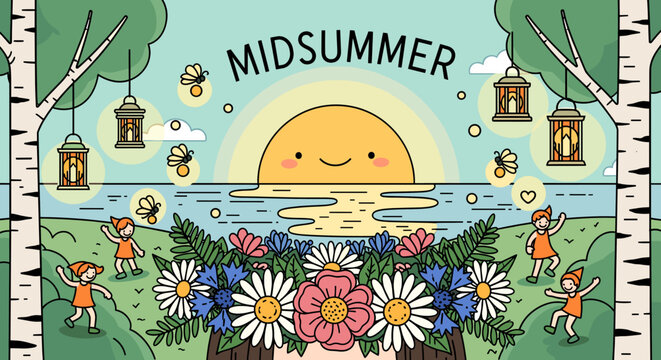 Whimsical Midsummer celebration illustration with a smiling sun, dancing figures, birch trees, and a flower crown.