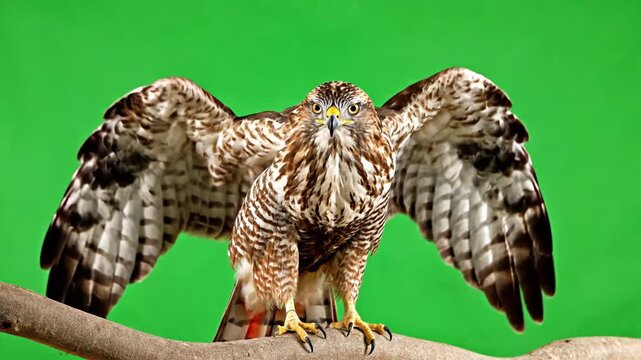 A majestic hawk with its wings spread wide, perched on a branch against a vibrant green background, looking directly at the camera.