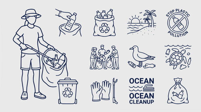 Eco-friendly beach cleanup icons: volunteering, recycling, and ocean pollution prevention
