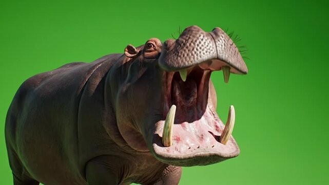 A powerful hippopotamus with its mouth wide open, showcasing large tusks against a vibrant green screen background, ready for compositing.