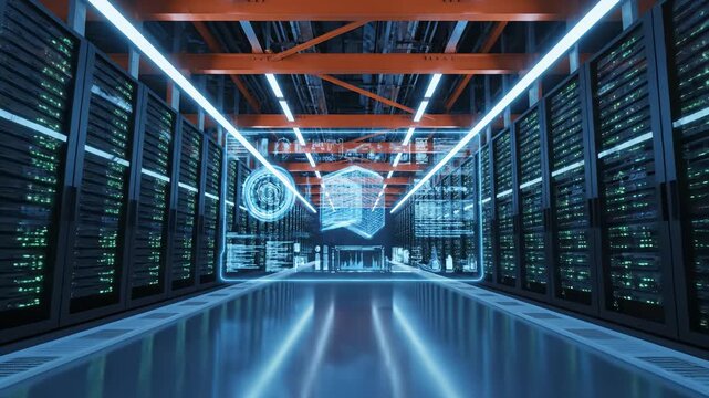 Server room with data racks and hologram symbolizing the digital age and smart tech evolution