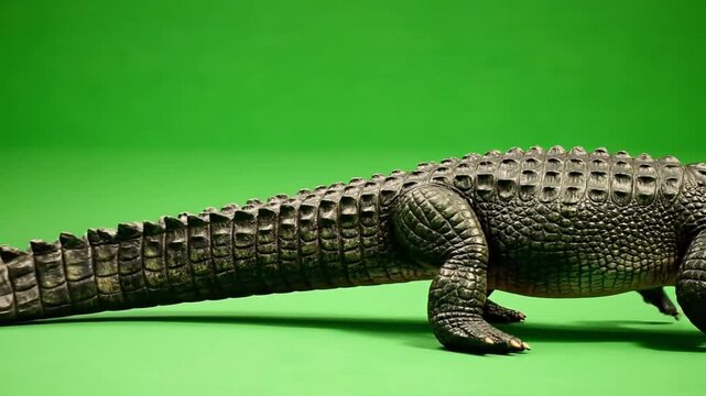 A detailed close-up view of an alligator's textured back, powerful legs, and scaly tail against a bright green screen.