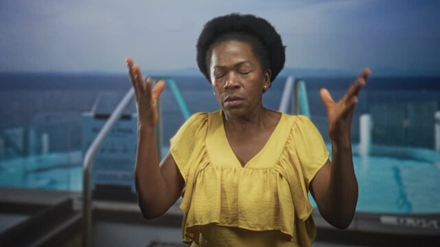 Black woman pressing temples with closed eyes by pool on building deck, hands visible and wincing; stress relief.