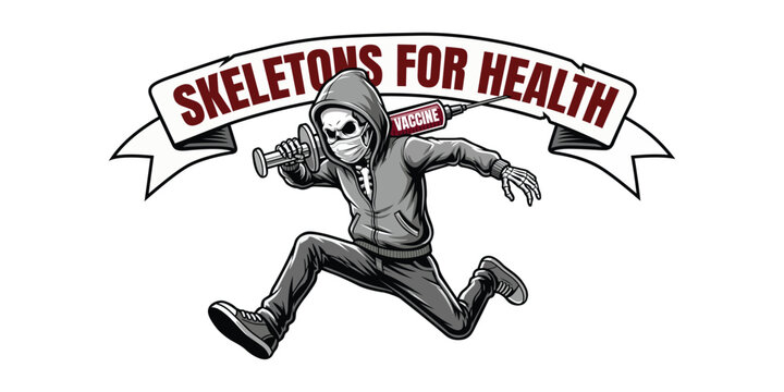Skeleton runner with syringe and banner skeleton exercise character illustration addiction treatment activity movement vitality campaign awareness motivational outdoors