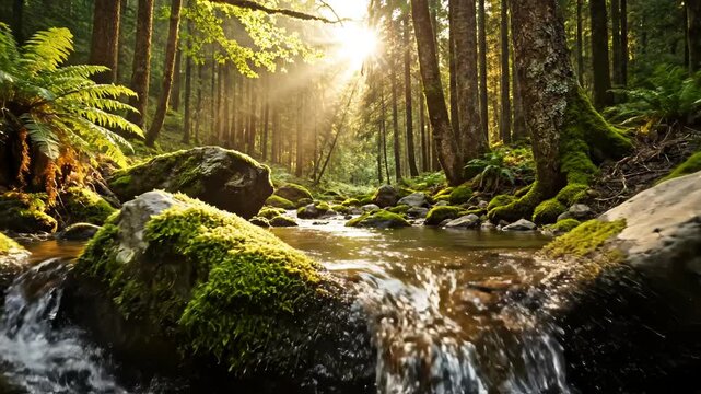 Sunlit forest stream with mossy rocks ideal for wellness, meditation, and natural wellness ads