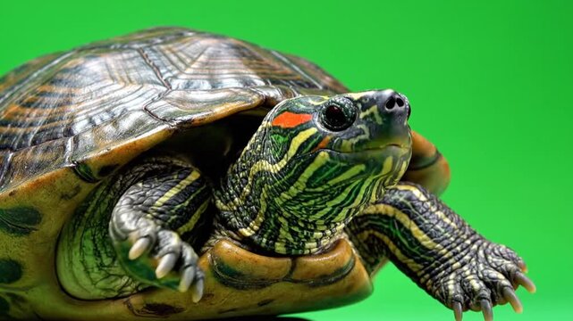 A close-up shot of a red-eared slider turtle with its head and front legs visible against a vibrant green background, showcasing its intricate shell and skin patterns.