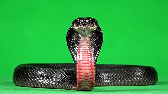 A striking black cobra with its hood fully spread, revealing a reddish-pink underside, against a vibrant green background.
