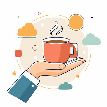 Hand holding a steaming cup of coffee with abstract background