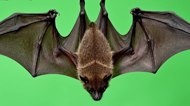 Brown bat hanging upside down with wings spread against a vibrant green background.