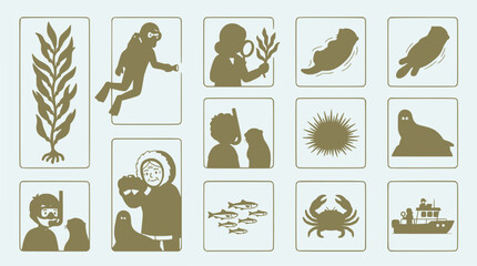Fototapeta premium Marine Life Exploration Icons: Scuba Diver, Seals, Crab, Fish, Sea Urchin, Boat
