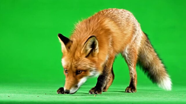 A red fox with a white-tipped tail sniffs the ground on a vibrant green background.