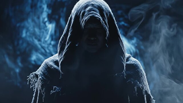 Hooded figure in dark misty setting showcasing contemporary design and abstract concepts