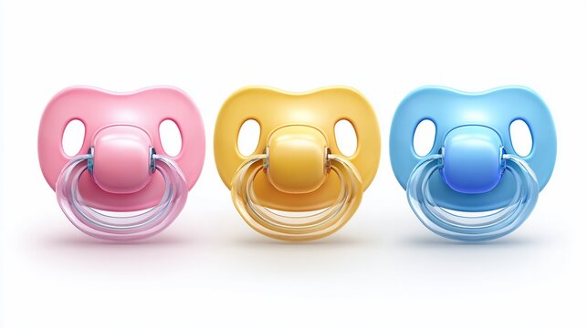 Baby pacifiers in pink, yellow, and blue