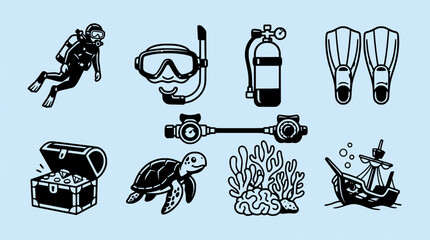 Obraz premium Scuba Diving Icons Set: Diver, Gear, Treasure Chest, Turtle, Shipwreck