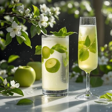 Prebiotic Apple Spritz, cloudy, natural fermented green apple drink, Granny Smith LLices and lemon balm,  White marble bar, dappled sunlight through leaves, white blossoms, taLL flute, droplets on gla
