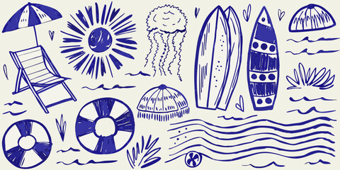 Hand drawn summer themed illustration with beach objects including surfboard and sun high quality professional © Ramanath