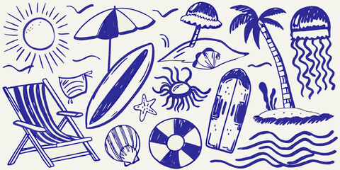 Hand drawn summer themed doodles including beach chair surfboard and tropical elements in blue © Ramanath