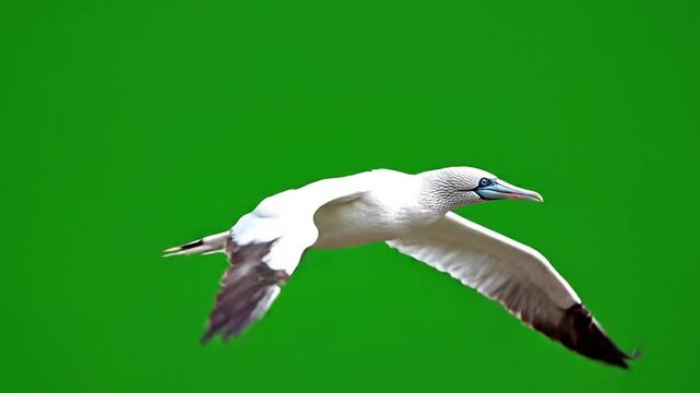 A majestic white gannet bird with dark wingtips soars gracefully through the air against a vibrant green background.