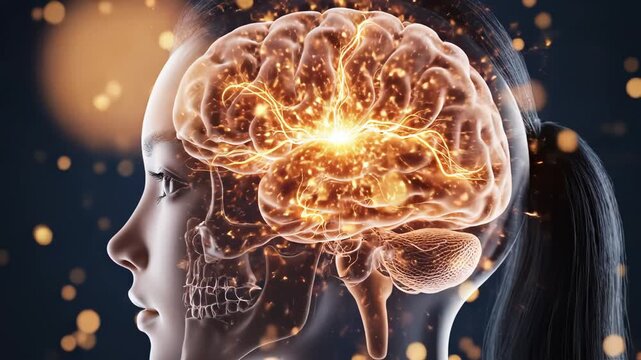 Human brain activity in profile view symbolizing the digital age and smart tech evolution