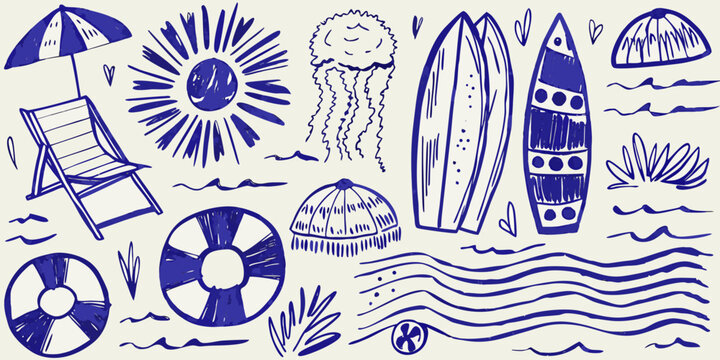 Hand drawn summer themed illustration with beach objects including surfboard and sun high quality professional